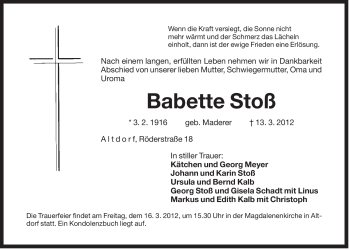 Traueranzeige von Babette Stoß von Der Bote