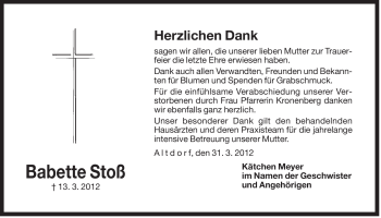Traueranzeige von Babette Stoß von Der Bote