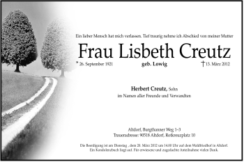 Traueranzeige von Lisbeth Creutz von Der Bote