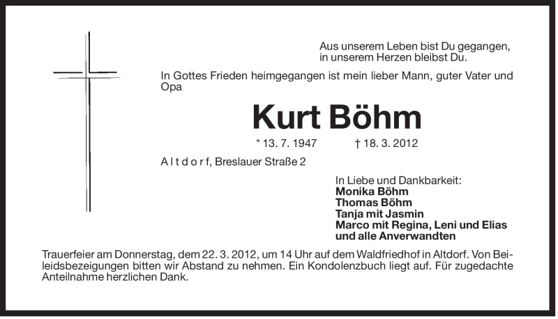  Traueranzeige für Kurt Böhm vom 20.03.2012 aus Der Bote