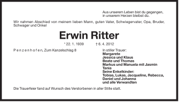 Traueranzeige von Erwin Ritter von Der Bote