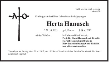 Traueranzeige von Herta Hanusch von Der Bote