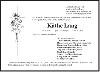 Traueranzeige von Käthe Lang von Der Bote