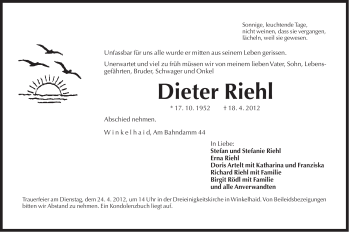 Traueranzeige von Dieter Riehl von Der Bote