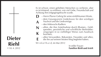 Traueranzeige von Dieter Riehl von Der Bote