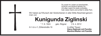 Traueranzeige von Kunigunda Ziglinski von Der Bote