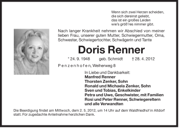 Traueranzeige von Doris Renner von Der Bote