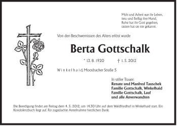Traueranzeige von Berta Gottschalk von Der Bote