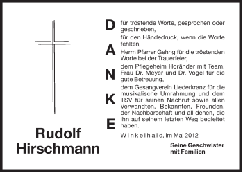 Traueranzeige von Rudolf Hirschmann von Der Bote