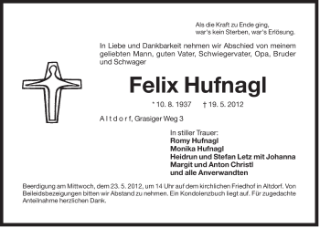 Traueranzeige von Felix Hufnagl von Der Bote
