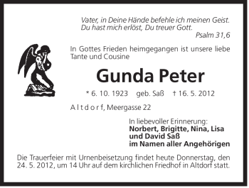 Traueranzeige von Gunda Peter von Der Bote