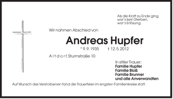 Traueranzeige von Andreas Hupfer von Der Bote