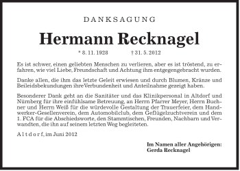 Traueranzeige von Hermann Recknagel von Der Bote