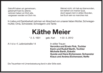 Traueranzeige von Käthe Meier von Der Bote