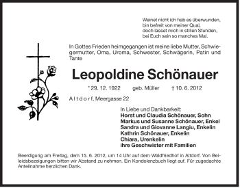 Traueranzeige von Leopoldine Schönauer von Der Bote