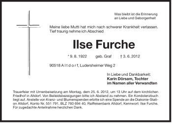 Traueranzeige von Ilse Furche von Der Bote