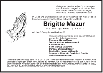 Traueranzeige von Brigitte Mazur von Der Bote