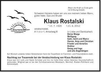 Traueranzeige von Klaus Rostalski von Der Bote