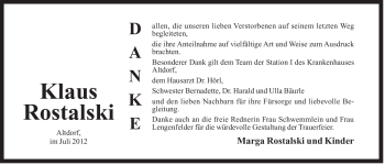 Traueranzeige von Klaus Rostalski von Der Bote