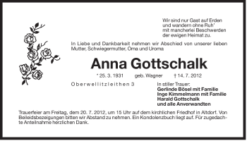 Traueranzeige von Anna Gottschalk von Der Bote