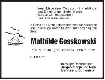 Traueranzeige von Mathilde Gosskowski von Der Bote