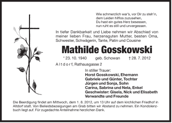 Traueranzeige von Mathilde Gosskowski von Der Bote