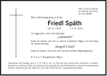 Traueranzeige von Friedl Späth von Der Bote