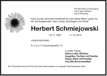 Traueranzeige von Herbert Schmiejowski von Der Bote
