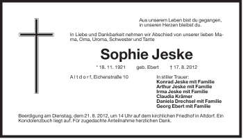 Traueranzeige von Sophie Jeske von Der Bote