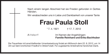 Traueranzeige von Paula Stoll von Der Bote