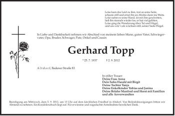 Traueranzeige von Gerhard Topp von Der Bote