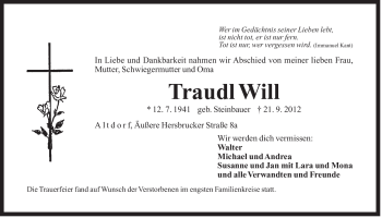 Traueranzeige von Traudl Will von Der Bote