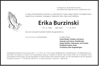 Traueranzeige von Erika Burzinski von Der Bote