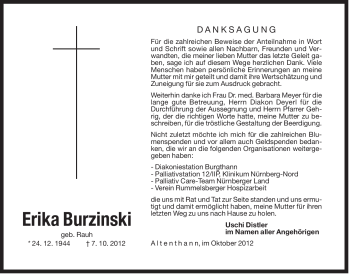 Traueranzeige von Erika Burzinski von Der Bote