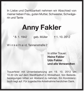 Traueranzeige von Anny Fakler von Der Bote