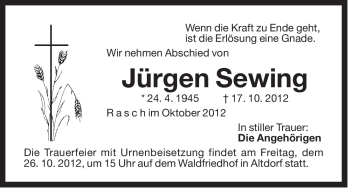 Traueranzeige von Jürgen Sewing von Der Bote