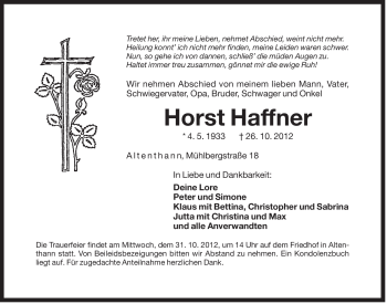 Traueranzeige von Horst Haffner von Der Bote