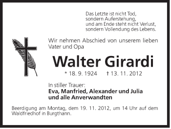 Traueranzeige von Walter Girardi von Der Bote