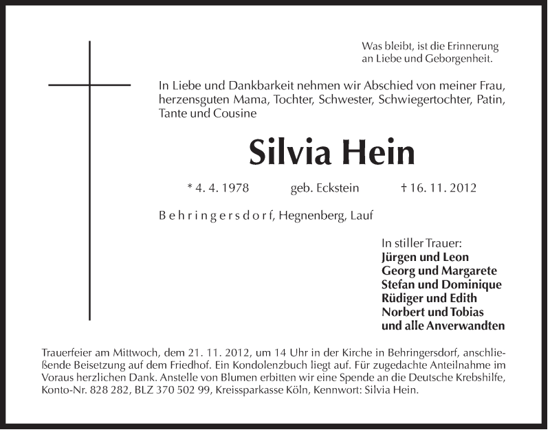  Traueranzeige für Silvia Hein vom 20.11.2012 aus Der Bote