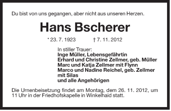 Traueranzeige von Hans Bscherer von Der Bote