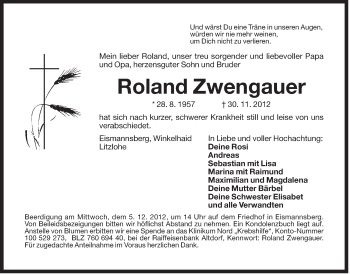 Traueranzeige von Roland Zwengauer von Der Bote