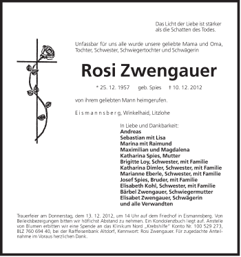 Traueranzeige von Rosi Zwengauer von Der Bote