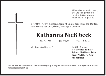 Traueranzeige von Katharina Nießlbeck von Der Bote