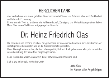 Traueranzeige von Heinz Friedrich Clas von Der Bote