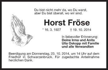 Traueranzeige von Horst Fröse von Der Bote
