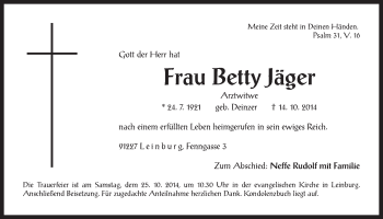 Traueranzeige von Betty Jäger von Der Bote