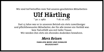 Traueranzeige von Ulf Härtling von Der Bote