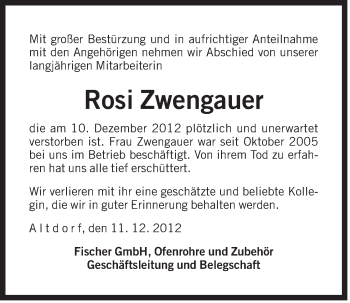 Traueranzeige von Rosi Zwengauer von Der Bote