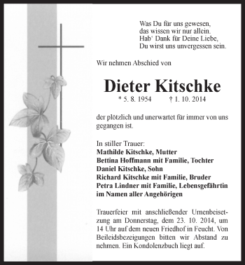 Traueranzeige von Dieter Kitschke von Der Bote