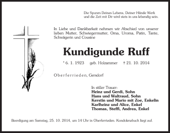 Traueranzeige von Kundigunde Ruff von Der Bote